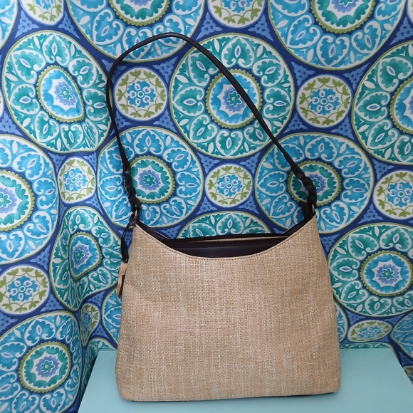 Etienne Aigner Tan and Brown Straw Shoulder Bag - Picture 1 of 9